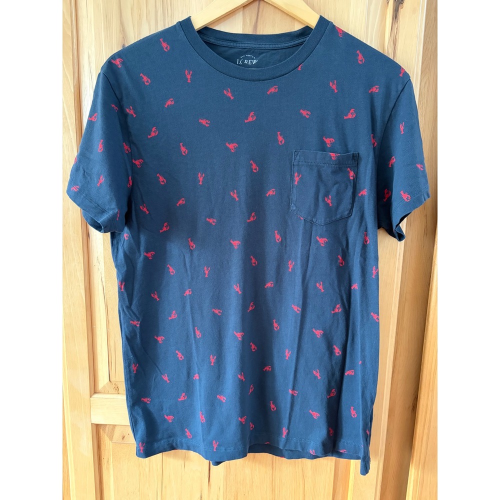 J.Crew Mens Lobster Print Pocket T-Shirt Navy Blue Slim Fit Cotton Tee M E7968